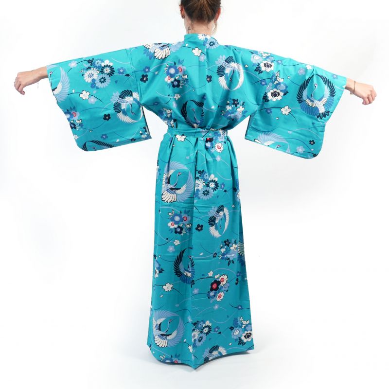 Kimono bleu en coton pour femme - MARU NI TSURU