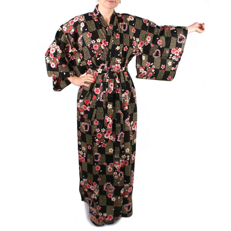 kimono japonais noir en coton pour femme KOMONICHIMATSU-NI-SAKURA