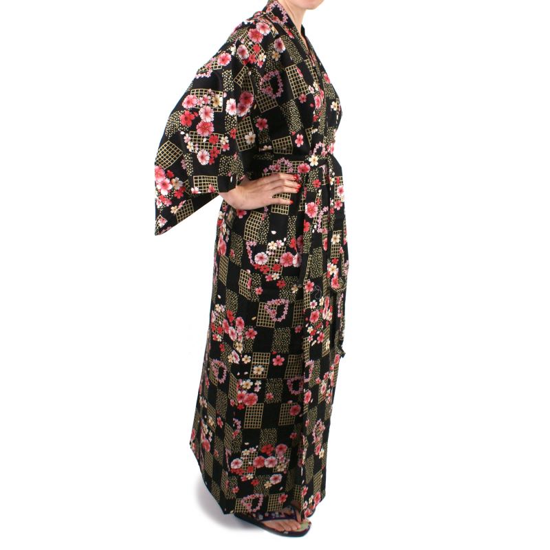 kimono japonais noir en coton pour femme KOMONICHIMATSU-NI-SAKURA