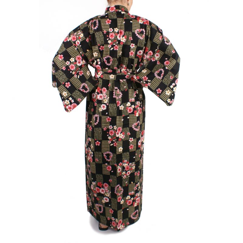 kimono japonais noir en coton pour femme KOMONICHIMATSU-NI-SAKURA