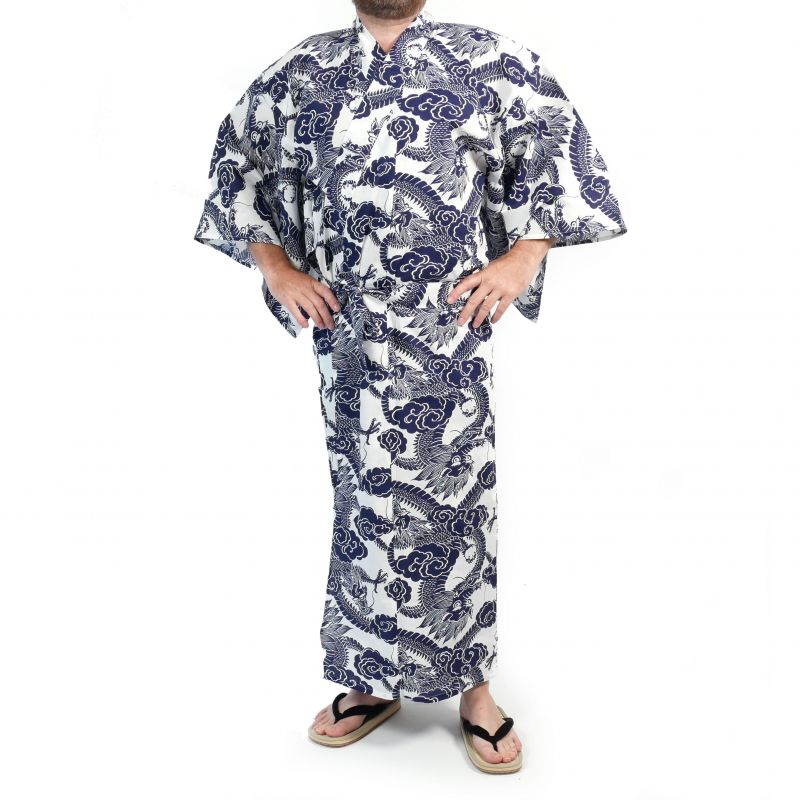 Yukata japonesa de algodón con estampado de dragón azul y blanco para hombre - RYU NO CHIKARA