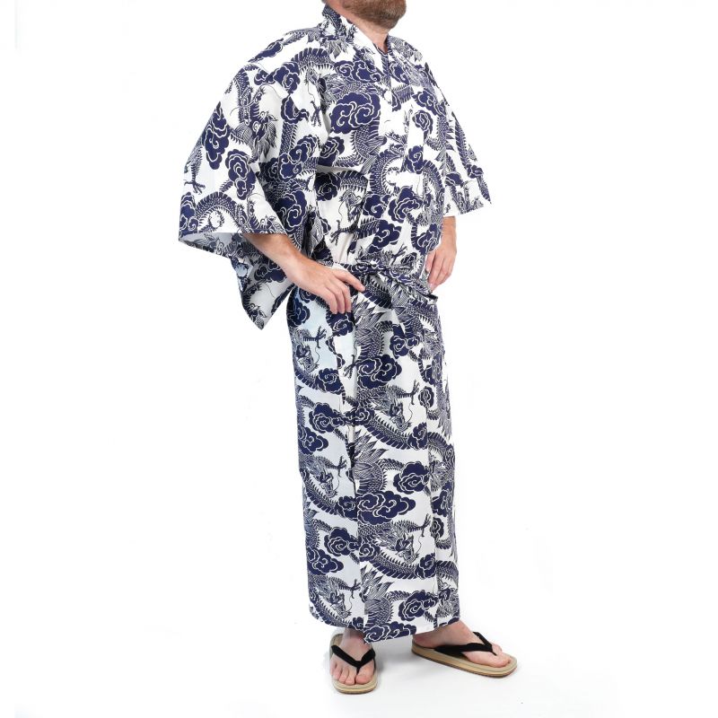 Yukata japonesa de algodón con estampado de dragón azul y blanco para hombre - RYU NO CHIKARA