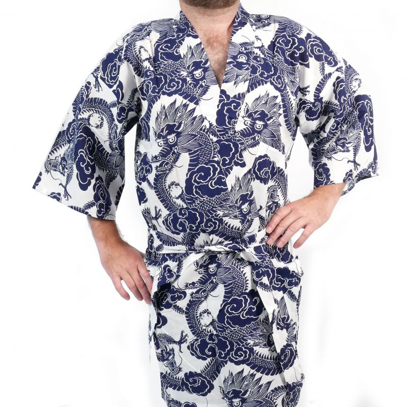 Happi Kimono giapponese in cotone con motivo drago bianco e blu per uomo - RYU NO CHIKARA