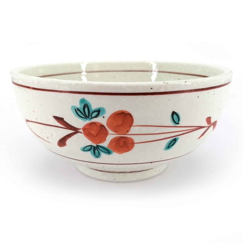 Japanische Keramik-Ramenschale, weiße, orangefarbene Beeren - BEI