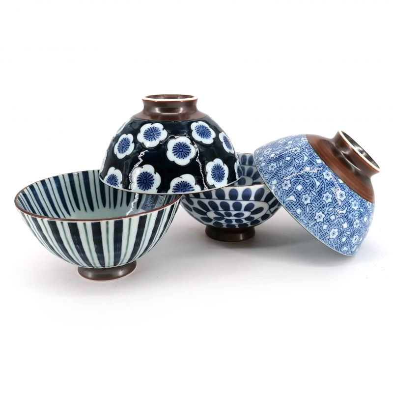 Set de 4 bols à riz japonais en céramique blanc, motifs variés bleus - SAMAZAMANA