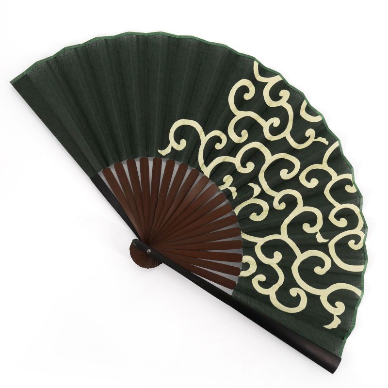 Japanese green cotton and bamboo fan with arabesque pattern - KARAKUSA - 22.5cm