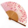 Abanico japonés rosa de algodón y bambú con dibujo de flor de cerezo - SAKURA - 20.5cm