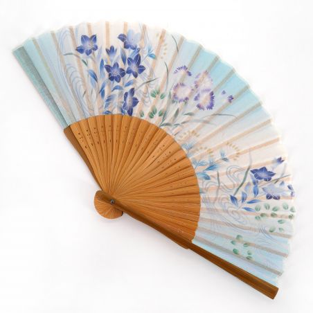 Japanese blue cotton and bamboo fan with autumn flowers pattern - AKIKUSA - 20.5cm