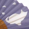 Japanese purple fan in polyester and bamboo with cat motif and cherry blossom petals - NEKO SAKURA - 20.5cm