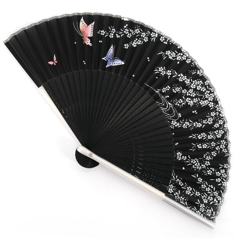 Japanese black fan in plastic silk and bamboo with cherry blossoms and butterflies pattern - SAKURA CHO - 19.5cm