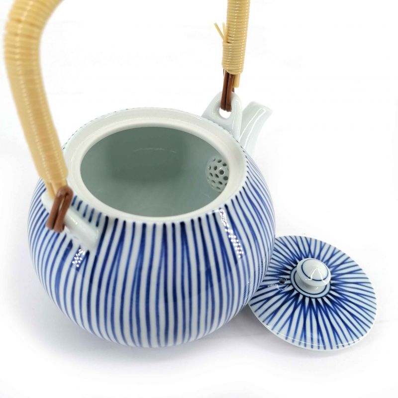 Japanese ceramic teapot with handle, white, blue stripes - SUTORAIPU