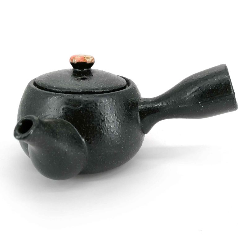 Tetera japonesa de cerámica kyusu con filtro e interior esmaltado, círculo floral negro - HANA NO WA