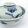 Japanese bowl with lid, white - blue flowers