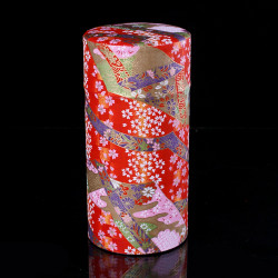 Japanese red tea box in washi paper, YUZEN RIBON, 200 g