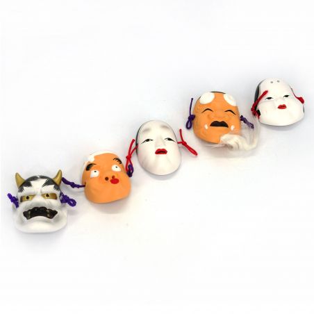 Set di 5 mini maschere tradizionali giapponesi - ZOHONNA HYOTTOKO HANNYA OKINA OKAME - 4,9 / 6 cm