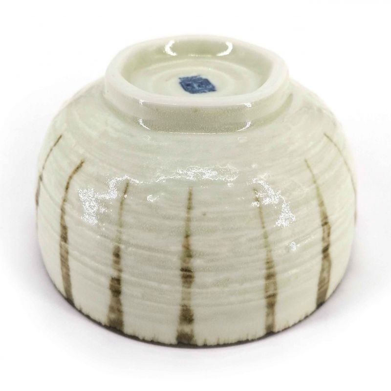 Japanische Donburi-Schale aus beiger Keramik mit braunen vertikalen Linien - SUICHOKU-SEN