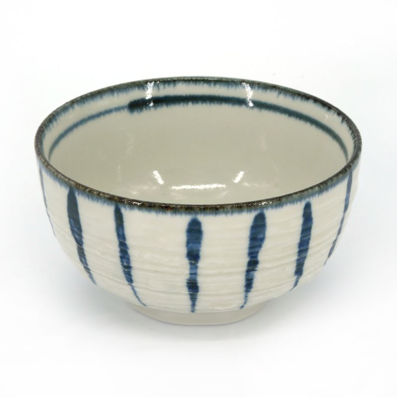 Bol donburi japonais en céramique beige lignes verticales bleues - SUICHOKU SEN - 12.5cm