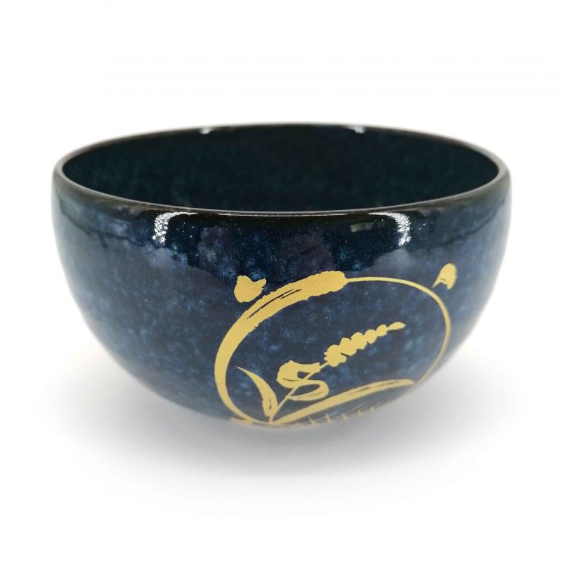 Bol japonais donburi en céramique bleu motif circulaire doré - KOGANE NO SHIZEN - 12.5cm