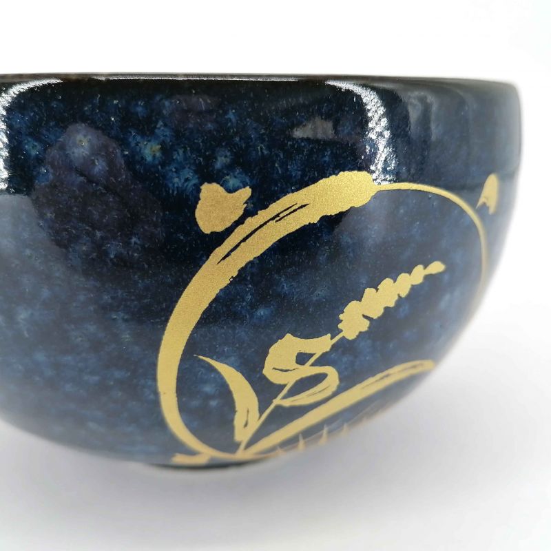 Bol japonais donburi en céramique bleu motif circulaire doré - KOGANE NO SHIZEN - 12.5cm