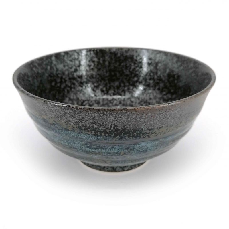 Bol japonais donburi en céramique noir et reflets bleus marrons - HANTEN - 17cm