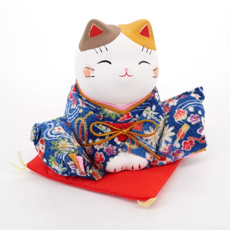 Gato manekineko japonés afortunado in ceramica, KIMONO, azul