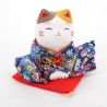 Gato manekineko japonés afortunado in ceramica, KIMONO, azul