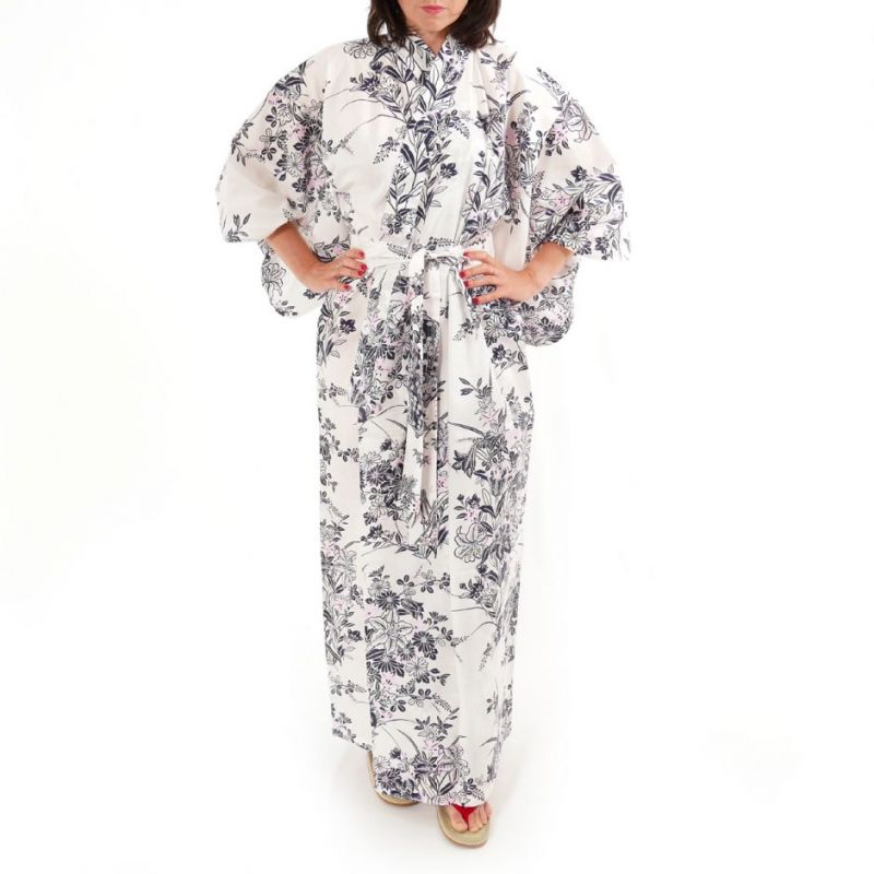 Kimono yukata traditionnel japonais blanc en coton motif fleurs de lys pour femme, YUKATA YURI