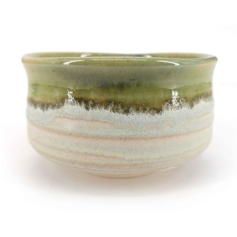 Japanese ceramic tea ceremony bowl, gray, beige, green border - KYOKAI