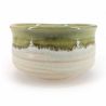 Japanese ceramic tea ceremony bowl, gray, beige, green border - KYOKAI