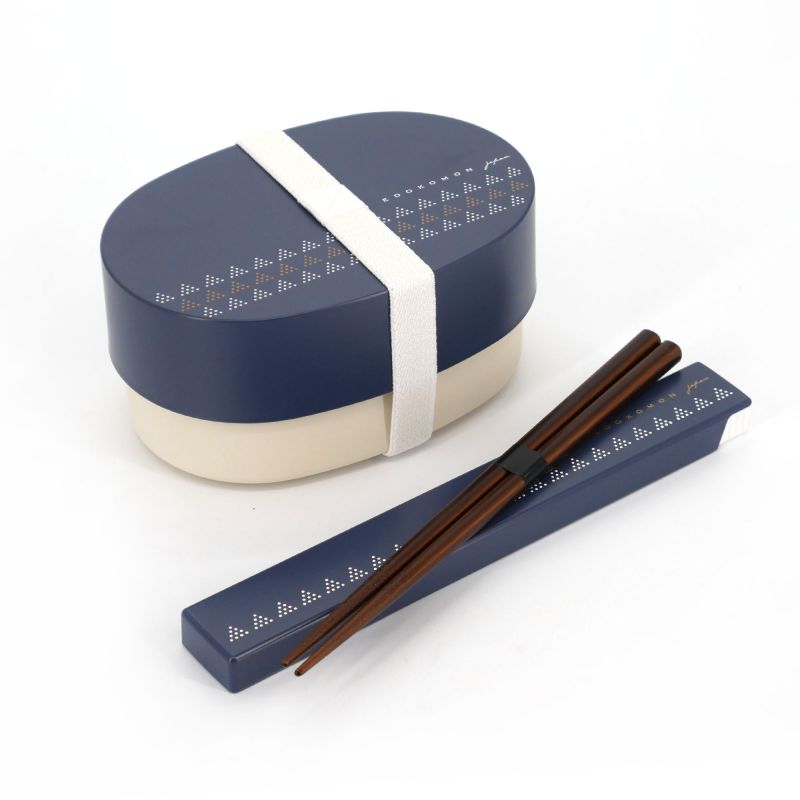 Japanische blaue ovale Bento-Lunchbox mit traditionellem Edo-Muster und passendem Paar Essstäbchen, UROKOMON, 13,6cm