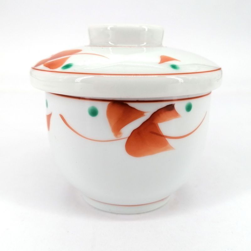 Tasse japonaise avec couvercle chawan mushi blanc, rouge et points verts - POINTO