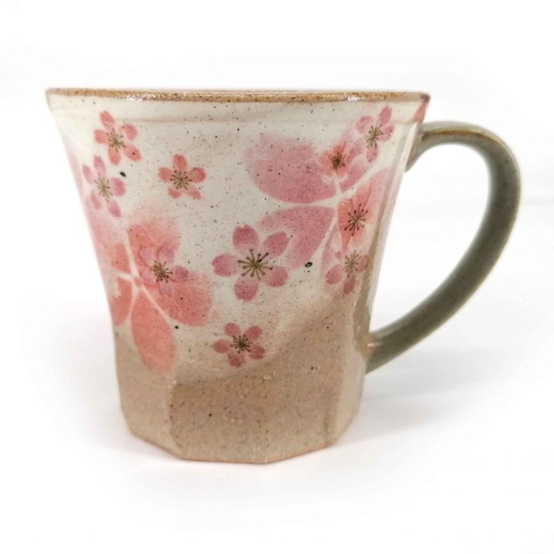 Japanischer Keramikbecher mit Griff, beige und pink - SAKURA