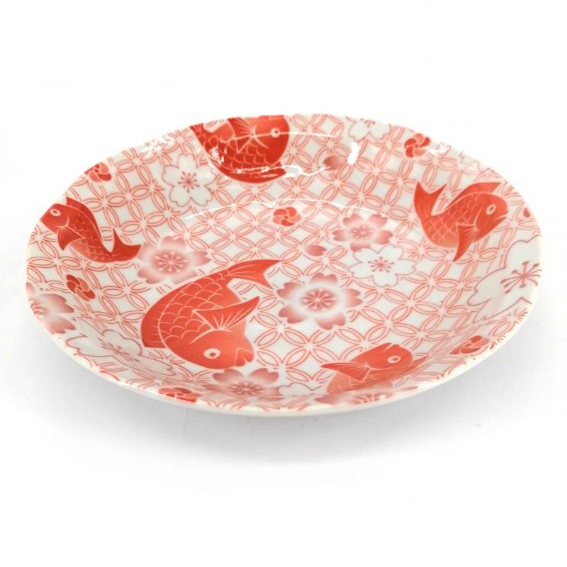 Assiette creuse ronde en céramique, rouge, motif poisson et sakura - SHIPPO