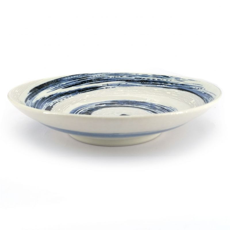Plato redondo de cerámica, azul y blanco, efecto pincel - SENPU