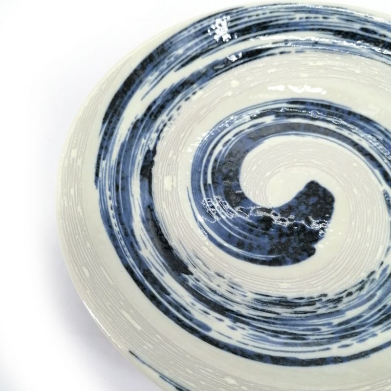 Assiette ronde en céramique, bleu et blanche, effet de pinceau - SENPU