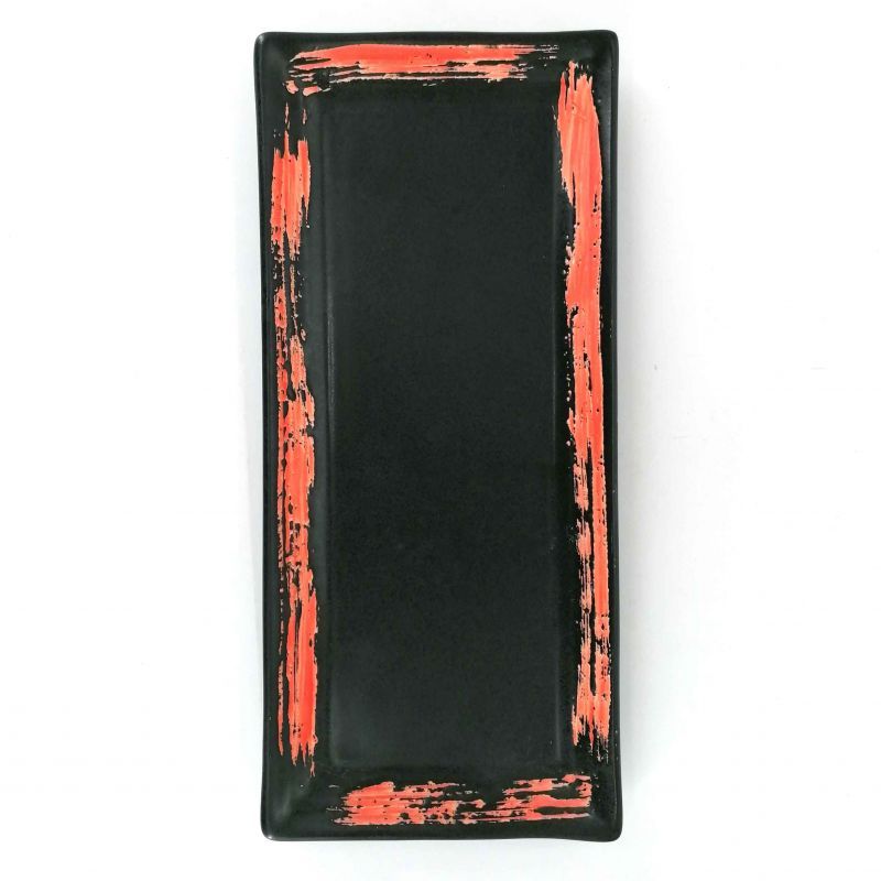 Assiette japonaise rectangulaire en céramique noir pinceau rouge- MIGAKIMASU