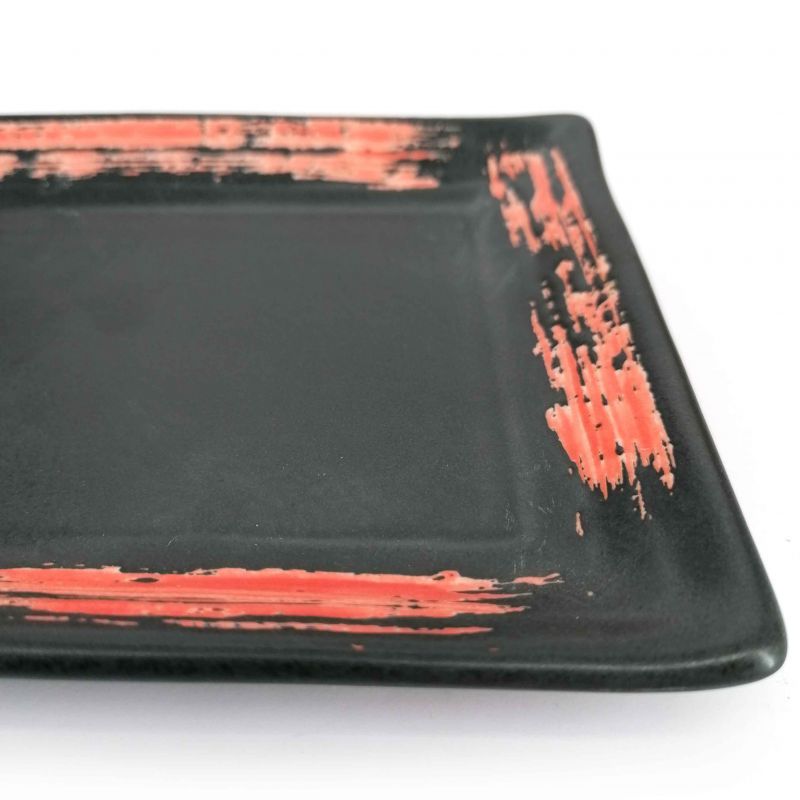 Japanese rectangular plate in black ceramic with red brush - MIGAKIMASU