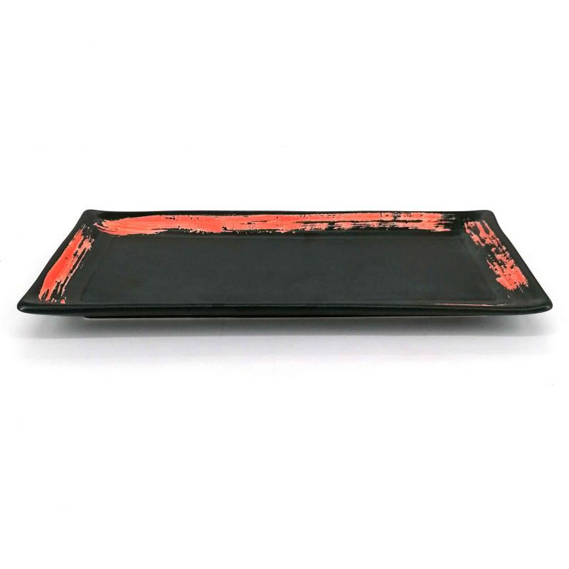 Plato japonés rectangular de cerámica negra con pincel rojo - MIGAKIMASU