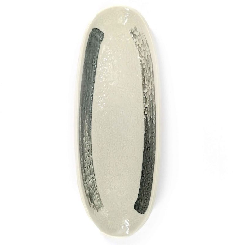 Japanese ceramic plate, long and oval, beige and gray - MIGAKIMASU