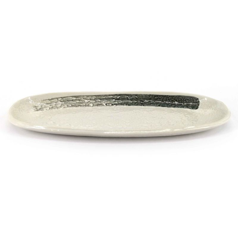 Japanese ceramic plate, long and oval, beige and gray - MIGAKIMASU