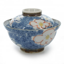 Japanische Keramikschale mit Deckel, NISHIKI UME, blau