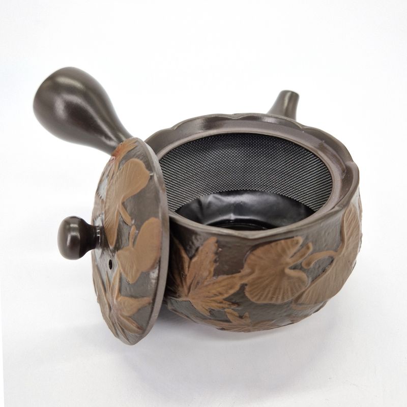 Teiera giapponese tokoname kyusu marrone con motivi a foglie, GINKGO, 200 cc