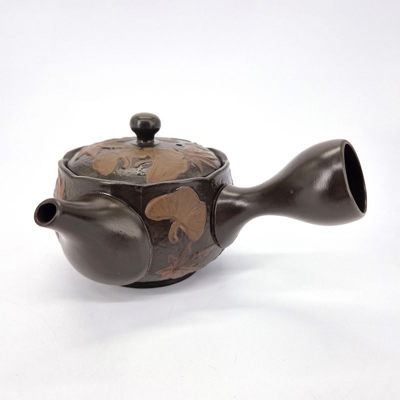 Théière kyusu japonaise tokoname marron motifs feuille, GINKGO, 200 cc