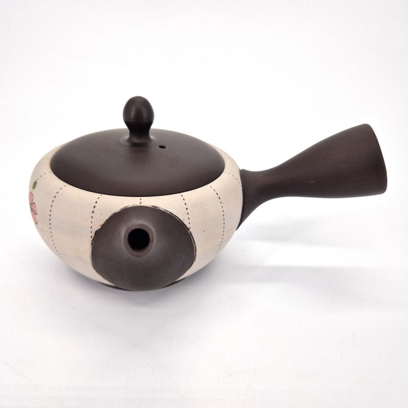 Tokoname Japanische Kyusu-Teekanne aus schwarz-weißem Steingut mit Blumenmuster, 250 cc