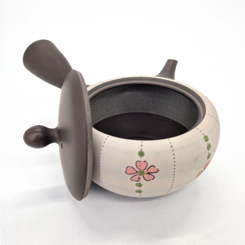 Tokoname Tetera japonesa kyusu de loza blanca y negra con estampado de flores, 250cc