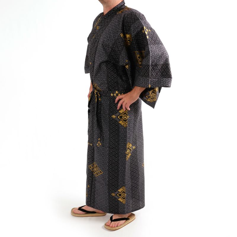 Yukata japonais noir en coton pour homme -HANABISHI 