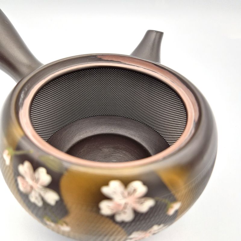 Théière kyusu japonaise tokoname marron motif fleurs de cerisier, KURO SAKURA, 330 cc