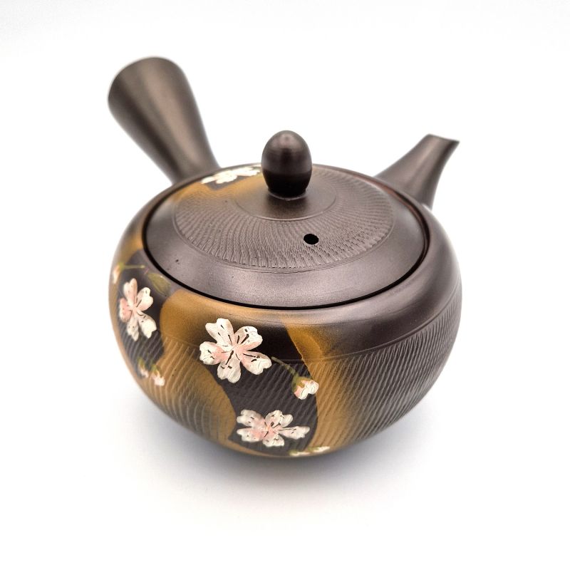 Tetera japonesa tokoname kyusu, KURO SAKURA, negro y flores de cerezo