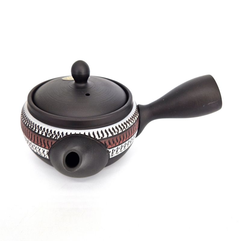 Théière kyusu japonaise tokoname marron motifs ligne rouge et blanc,RYUSAKU, 280 cc