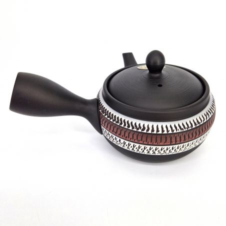 Tetera japonesa kyusu tokoname marrón con motivos de líneas rojas y blancas, RYUSAKU, 280 cc